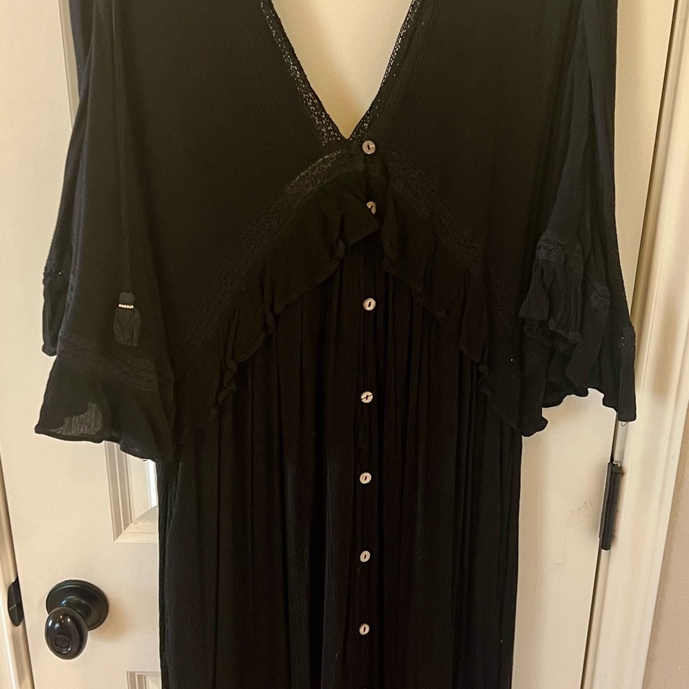 Free People Black Button-Down Dress with Ruffle Details